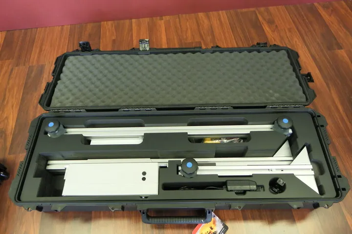 Survey equipment foam insert in a Pelican case with rail and tripod cut-outs